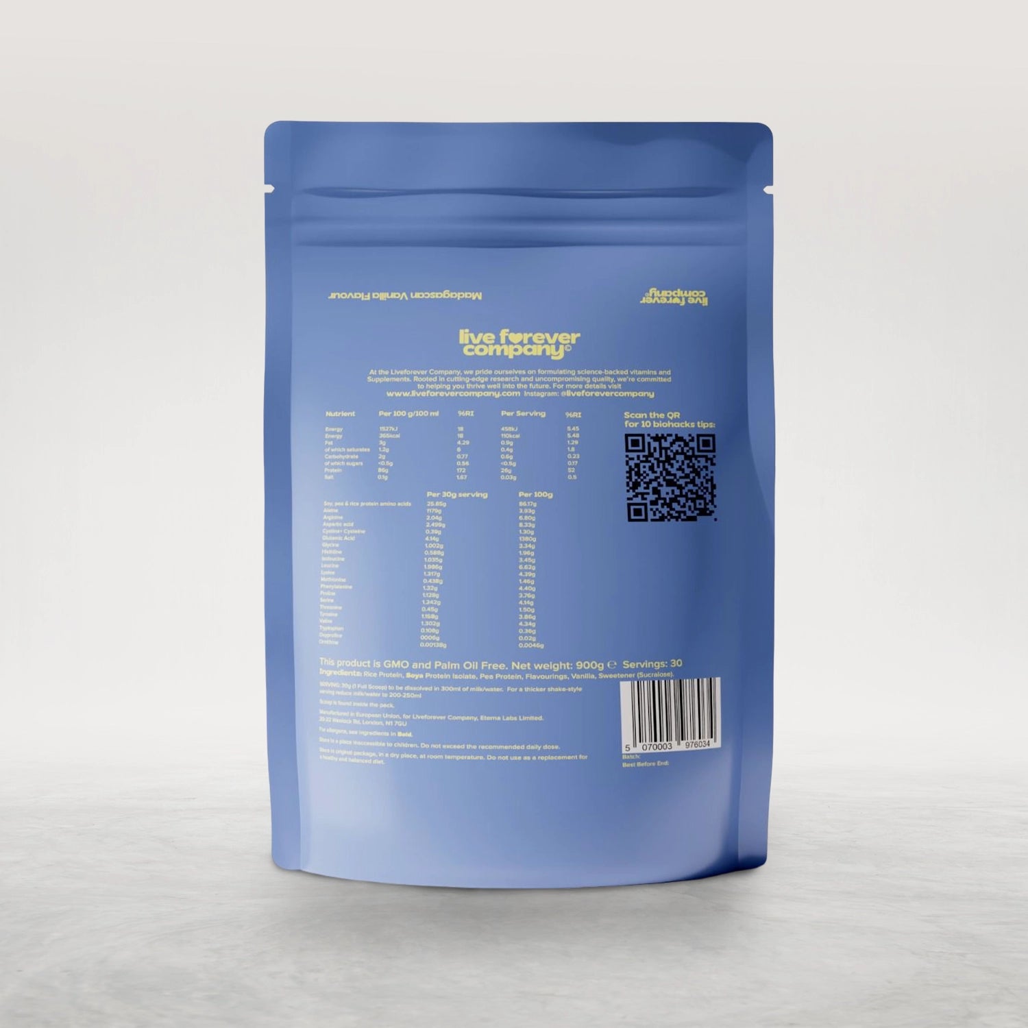 Blue package with nutritional information and QR code on a light gray background